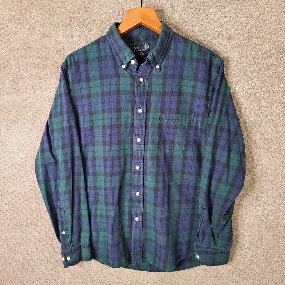 Lands End Shirt Mens Large Blue Green Plaid Wool Blend Button Down Casual